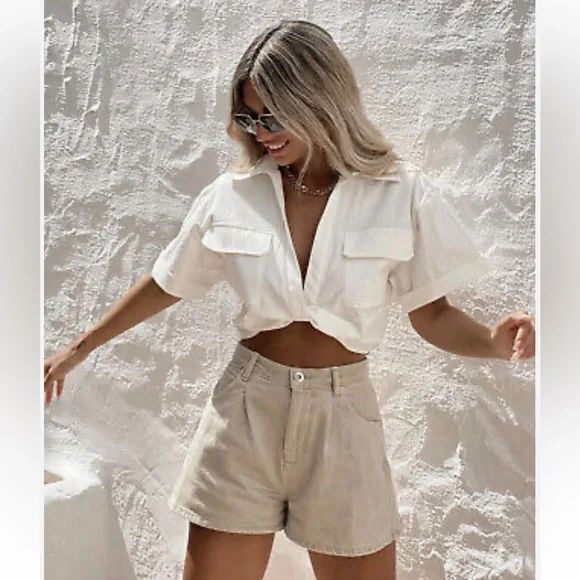 Micas Cropped White Button-Up Shirt Short Sleeve Tie Front Summer Top Xs
